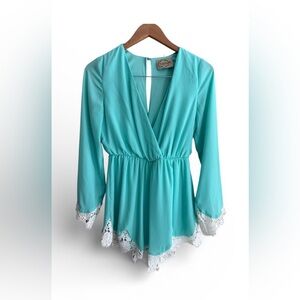 DejaVu: Aqua Long Sleeve Plunging V Neck Romper with Lace Trim